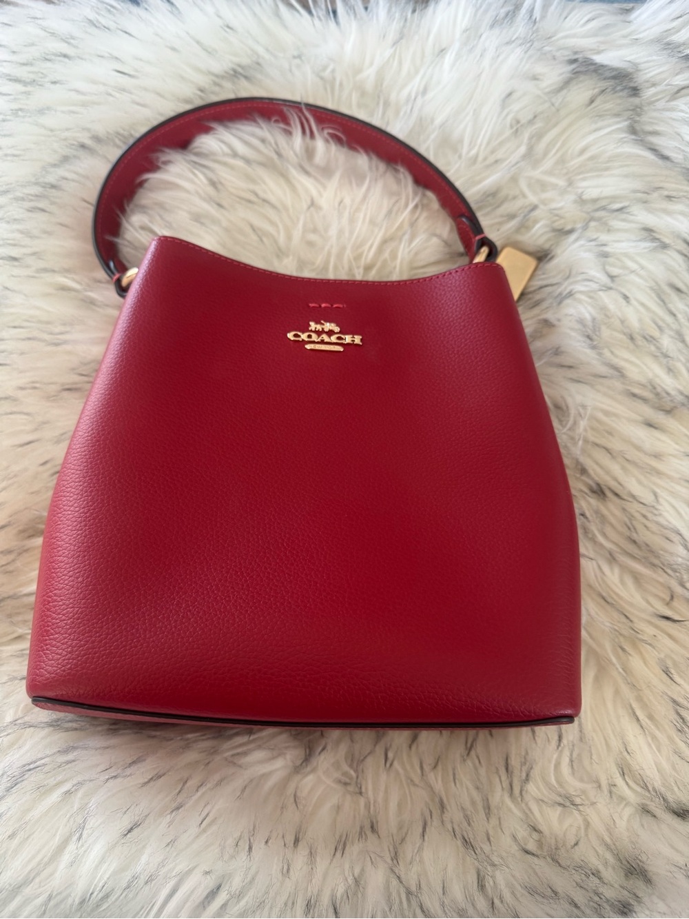 Coach Red Pebbled Leather Shoulder Bucket Bag with Gold Tone Logo